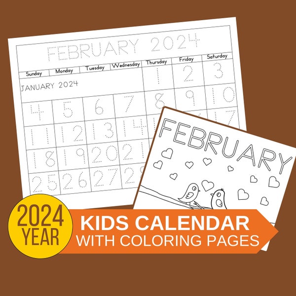 Calendrier 2024 imprimable et traçable pour enfants avec décembre 2023 | Coloriages du mois | Pratique de l'écriture | Préscolaire et maternelle