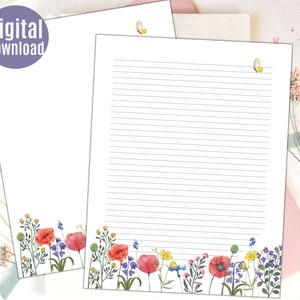 Papelería imprimible Spring Flower Meadow, papel rayado y sin forro, carta de EE. UU. y A4, papelería floral, amapola, botón de oro, pascua, plantilla