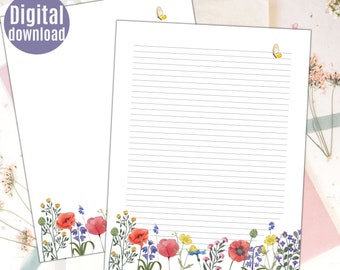 Printable Spring Flower Meadow Stationery, lined and unlined paper, US Letter and A4, flowery stationary, poppy, buttercup, easter, template