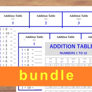 Paquete de números de tabla de suma del 1 al 10 imprimibles para niños: hojas de trabajo de números mixtos y números crecientes Montessori Math Kindergarten
