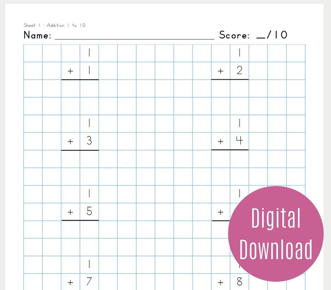 Simple Addition Numbers 1 To 10 Printable Math Kindergarten Etsy