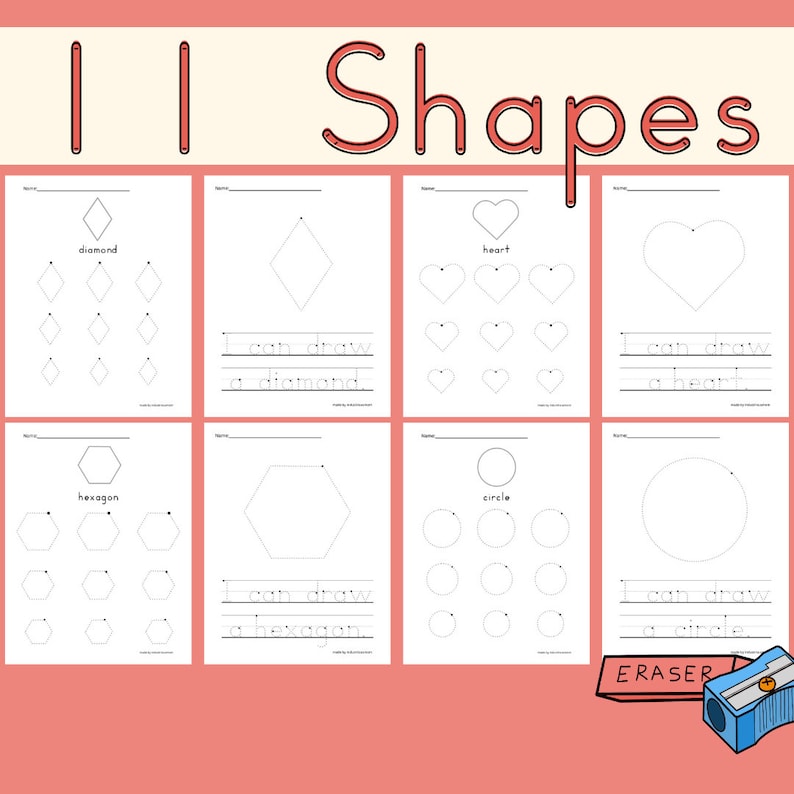 Preschool 2D Shape Tracing Worksheets Bundle Printable Homeschool 11 Shapes US Letter Size Digital Download