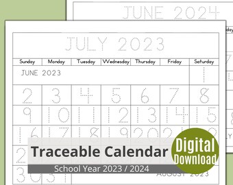 Kids Calendar with Traceable Numbers, School Year Calendar 2023 2024, Kindergarten, Preschool, Homeschooling, Printable Calendar