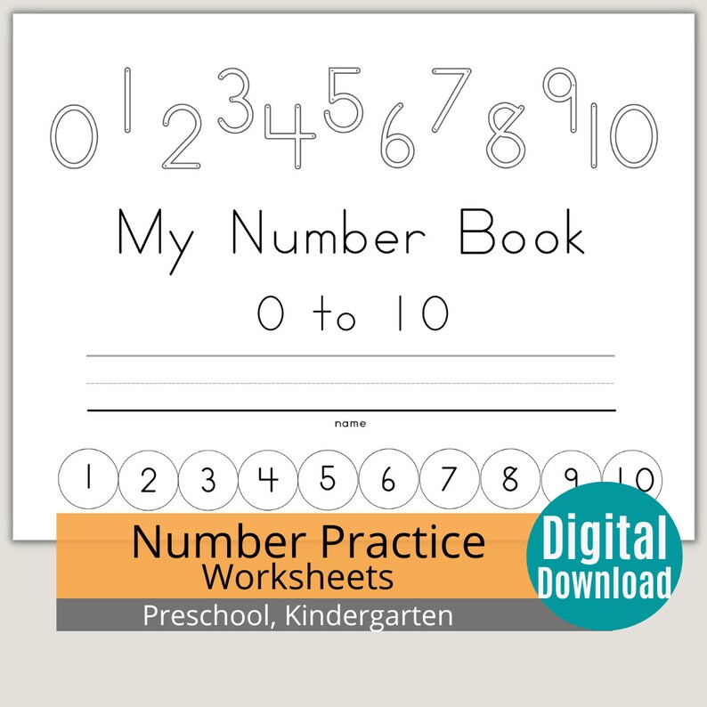 May include: Black and white printable worksheet for kids to practice writing numbers 0 to 10. The worksheet has a title "My Number Book 0 to 10" and says "Number Practice Worksheets Preschool, Kindergarten" at the bottom.