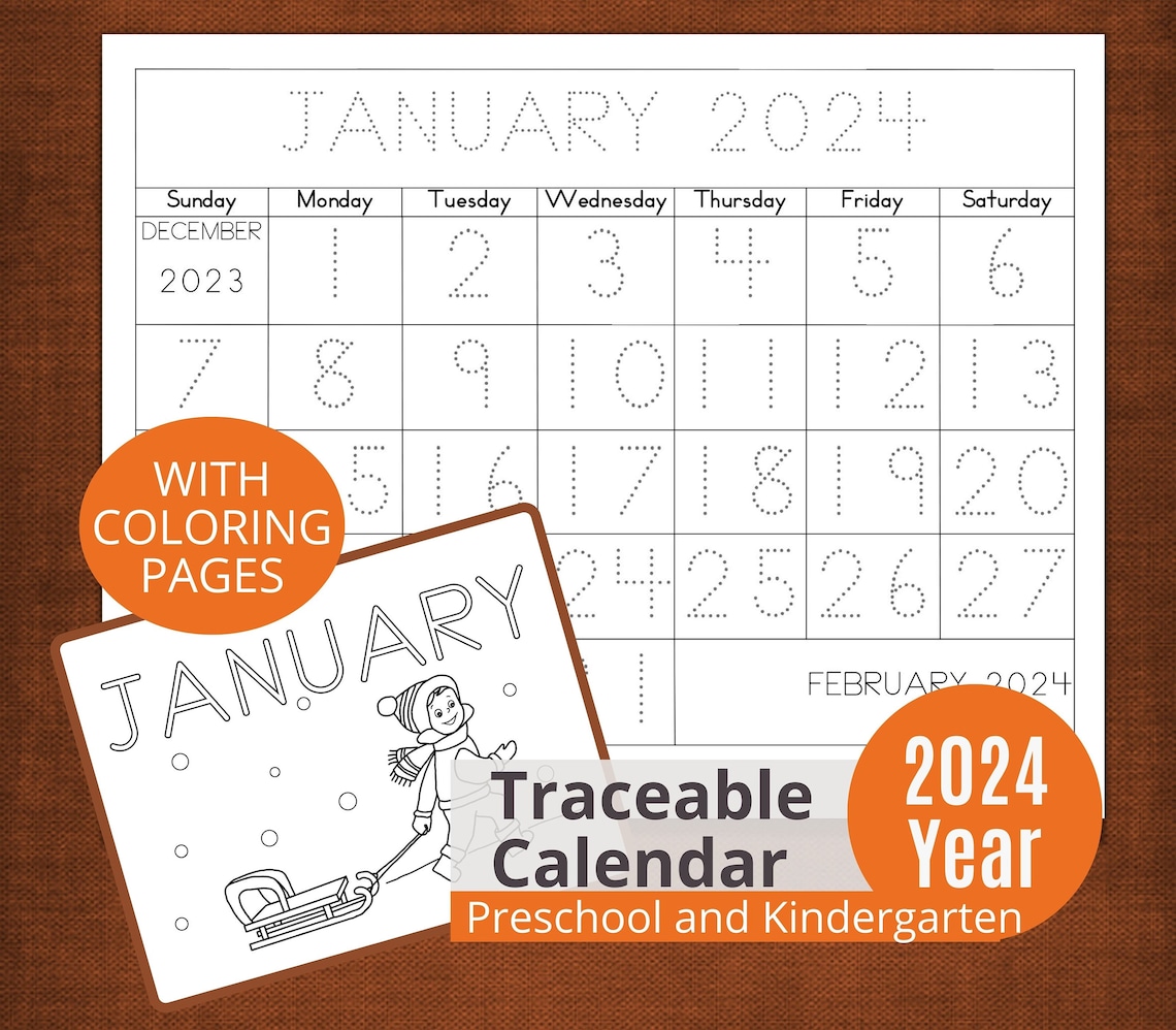 Printable Traceable Kids Calendar 2024 With December 2023 Monthly Coloring Pages Handwriting ...