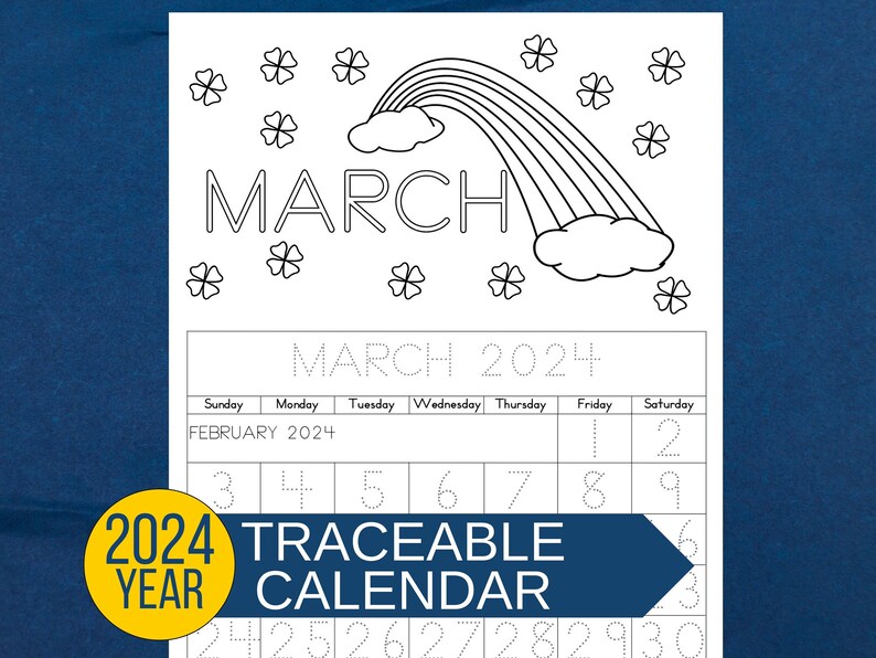 March 2024 calendar page with traceable numbers and letters. Ideal for preschool and kindergarten activities.