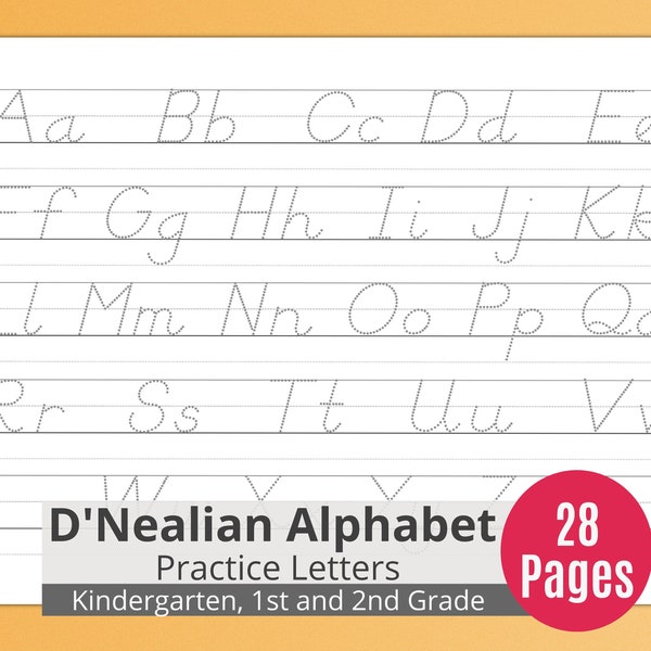 Alphabet Handwriting Practice for Kids, Printable Letter Tracing Worksheets, Handwriting Practice for Kids, Landscape oriented, D'Nealian