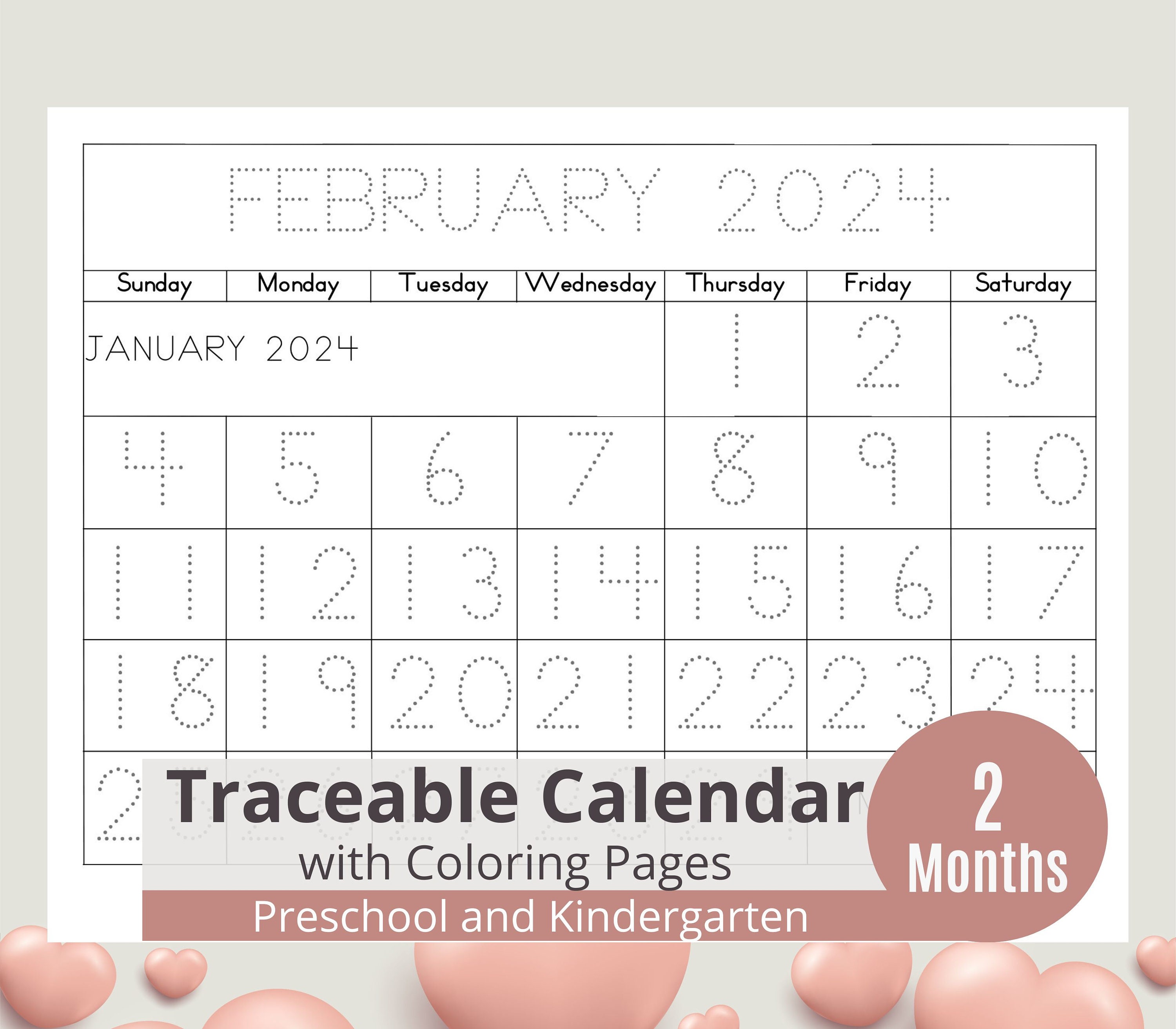 March 2024 and February 2024 Tracing Calendar for Kids Printable