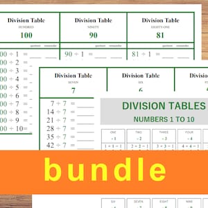 Tablas de división de paquetes Números 1 a 10 Imprimibles y Gráfico de tablas - Hojas de trabajo imprimibles, Digital, Descarga instantánea, Matemáticas Montessori