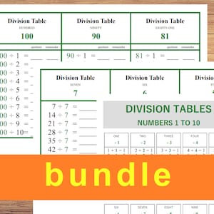 Bundle Division Tables Numbers 1 to 10 Printable and Table Chart - Printable Worksheets, Digital, Instant Download, Montessori Math