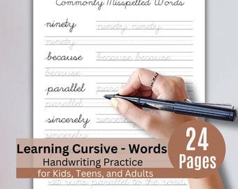 Learning Cursive Writing – Commonly Misspelled Words, Everyday Phrases, Days & Months | 24-Page Printable Practice Pages PDF