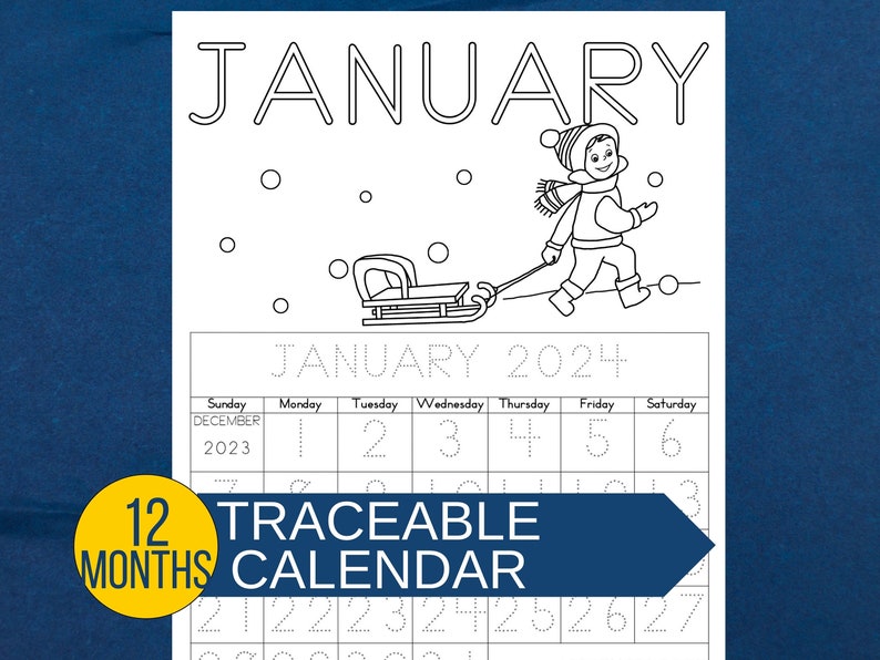 January 2024 calendar page with traceable numbers and letters. Educational activity for preschool and kindergarten.
