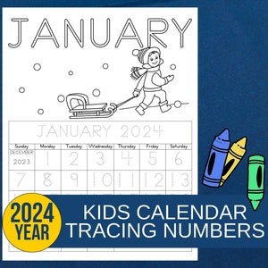 January 2024 vertical printable monthly calendar with traceable numbers and coloring page for preschool and kindergarten-age kids.