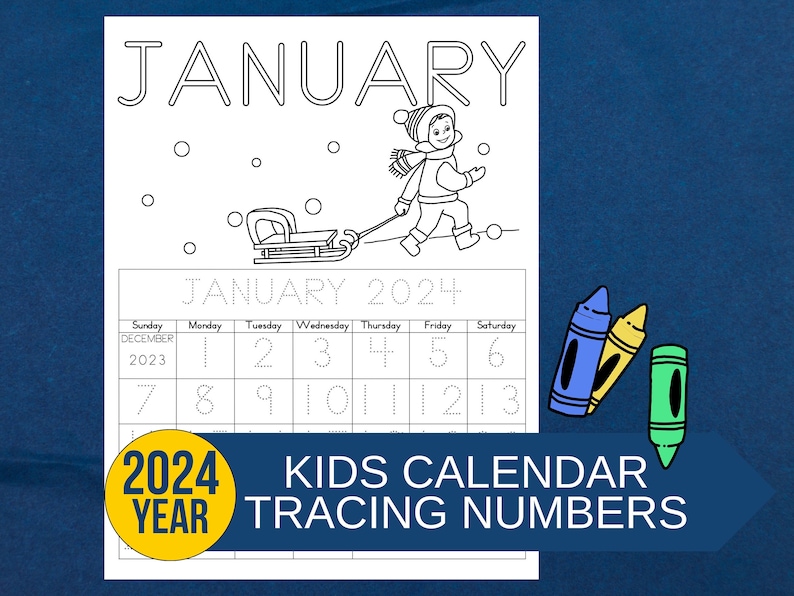 January 2024 vertical printable monthly calendar with traceable numbers and coloring page for preschool and kindergarten-age kids.