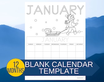 Blank Monthly Calendar Template with Space to Write Numbers and a Coloring Page for Each Month