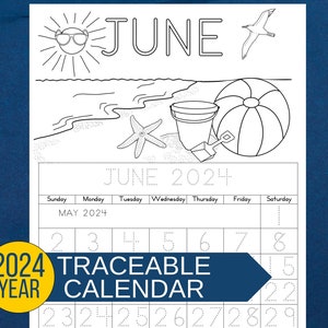 June 2024 calendar page with easy-to-trace numbers and letters. Perfect for classroom learning.