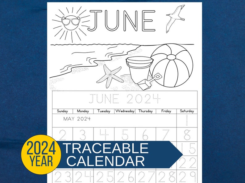 June 2024 calendar page with easy-to-trace numbers and letters. Perfect for classroom learning.