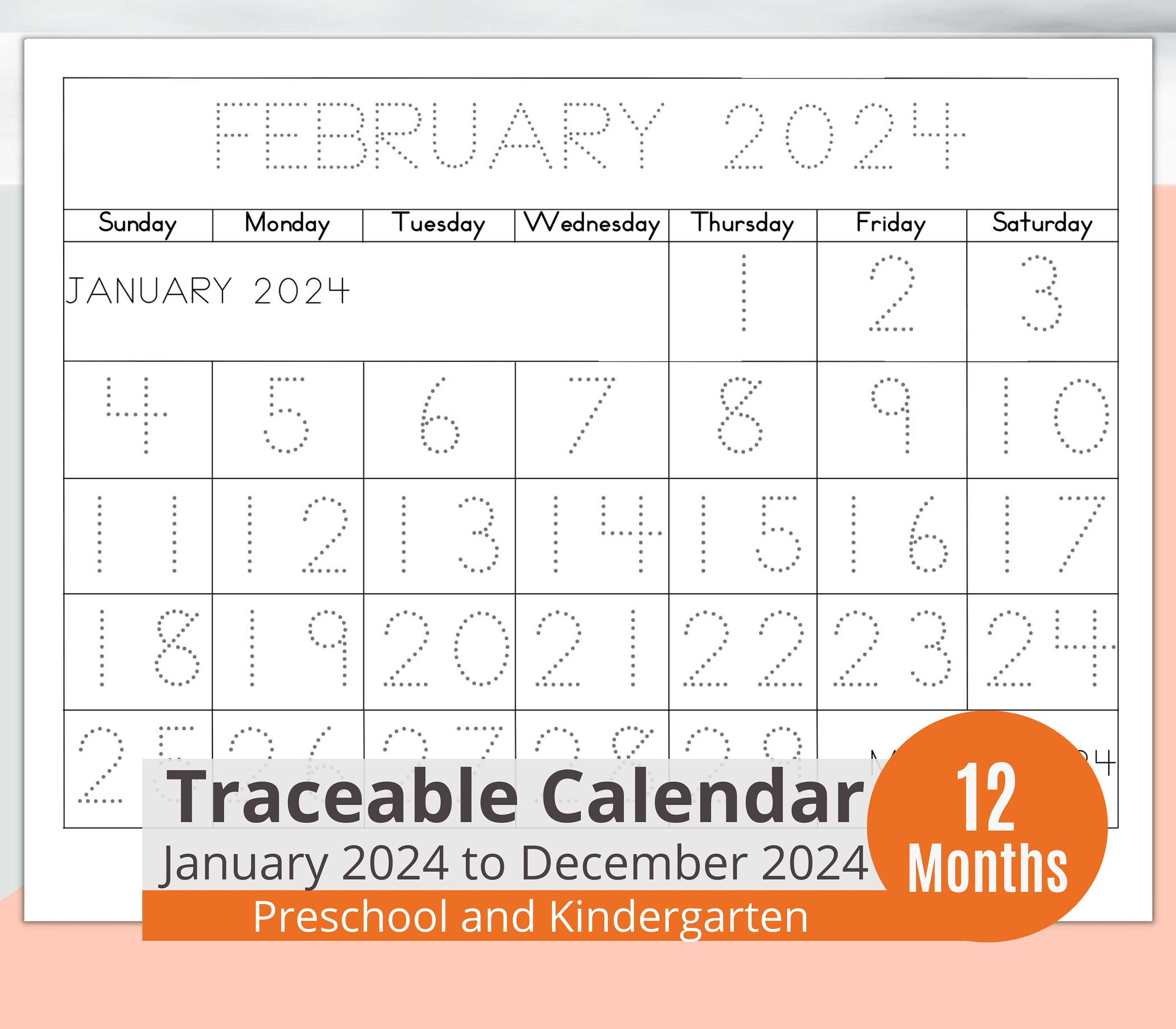 Printable Kids Monthly Calendar for 2024 With Dotted Numbers to Trace