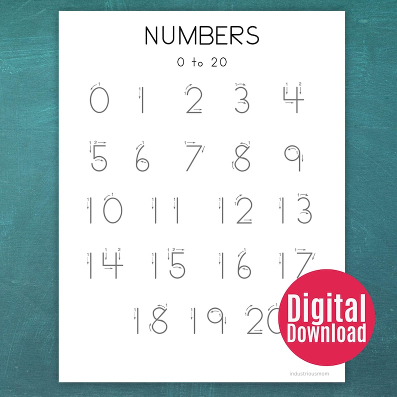 Number tracing poster with arrows guiding how to write numbers from 0 to 20.