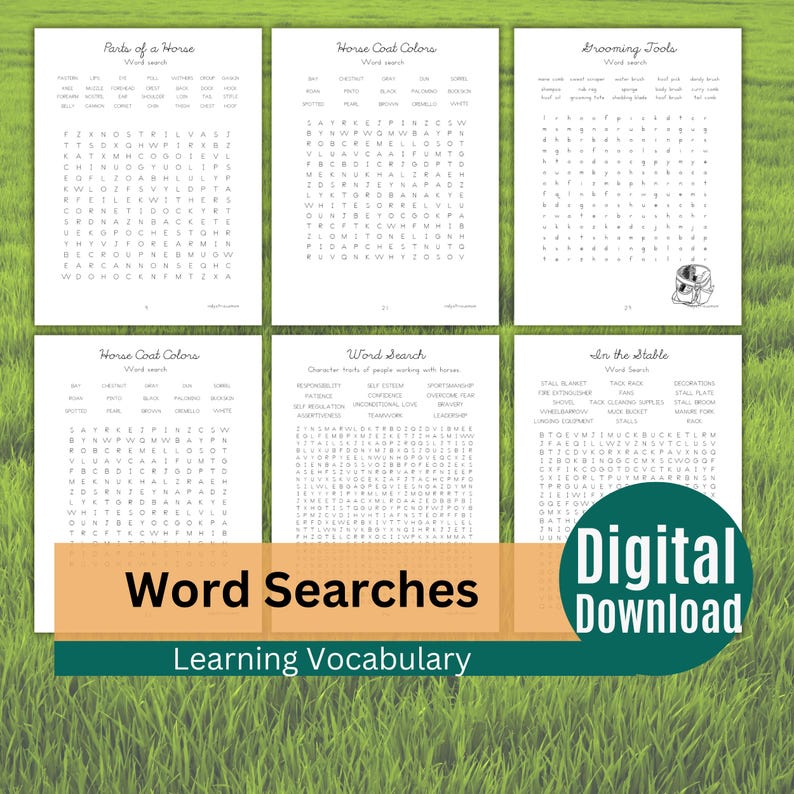 Equestrian learning printable with horse word searches, knowledge check pages, and fun horse-themed educational activities.
