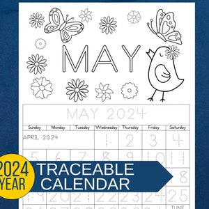 May 2024 calendar page with traceable numbers and letters. Beneficial for early childhood education.