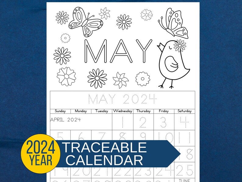 May 2024 calendar page with traceable numbers and letters. Beneficial for early childhood education.