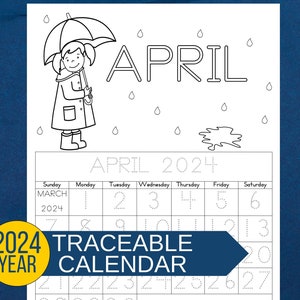 April 2024 calendar page with big, easy-to-trace numbers. Engaging activity for fine motor skills.