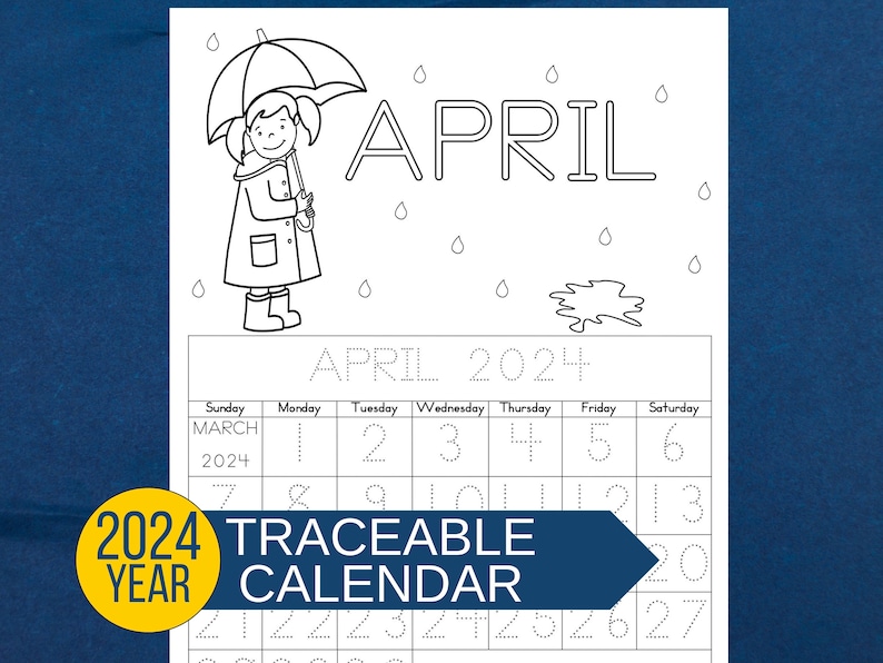 April 2024 calendar page with big, easy-to-trace numbers. Engaging activity for fine motor skills.