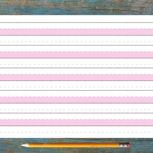 May include: A white sheet of paper with pink lines for writing. The paper is lined with dashed lines and solid pink lines.