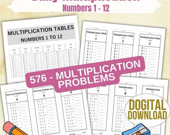 Learn and Practice Daily Multiplication - Multiplication 1 to 12 Problems and Chart - 1 to 12 Times Tables - Worksheets Printable