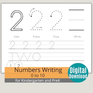 Preschool number writing practice worksheet printable, tracing numbers 0 to 10