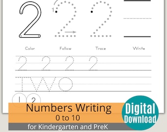 Preschool number writing practice worksheet printable, tracing numbers 0 to 10