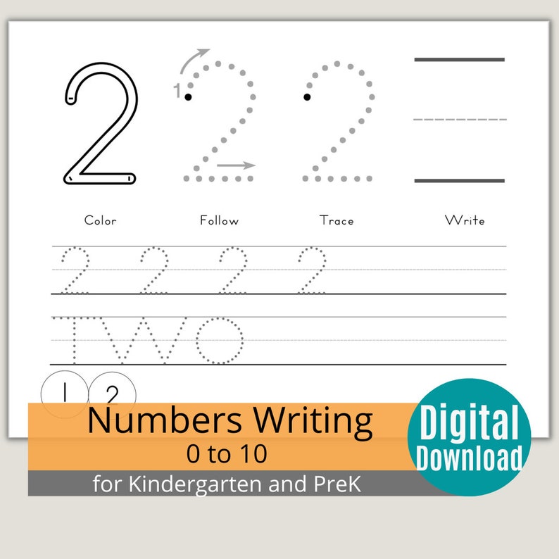 May include: A printable worksheet for learning to write the number two. The worksheet includes a large printed number two, a dotted number two to trace, and blank lines for practicing writing the number two. The worksheet also includes the word "TWO" written in dotted letters to trace.