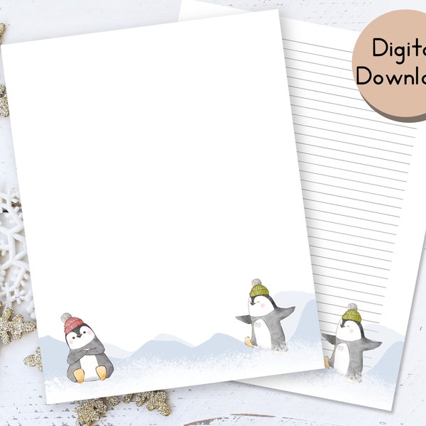 Winter Briefpapier Druckbares Briefpapier mit Pinguin| Liniertes Papier | Scrapbooking | Briefpapier | Liniertes & Unliniertes Papier | Brief A4