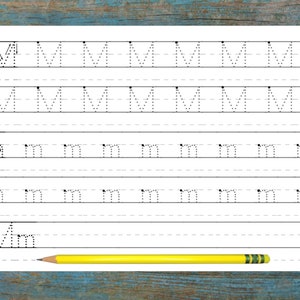 Capital and lowercase letter 'M' in dotted lines for focused tracing practice.