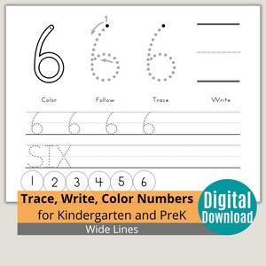 May include: A printable worksheet for kids to practice tracing, writing, and coloring the number six. The worksheet includes a large number six to color, a dotted number six to trace, and a blank line to write the number six. The worksheet also includes the word "six" to trace and a number line with numbers one through six.