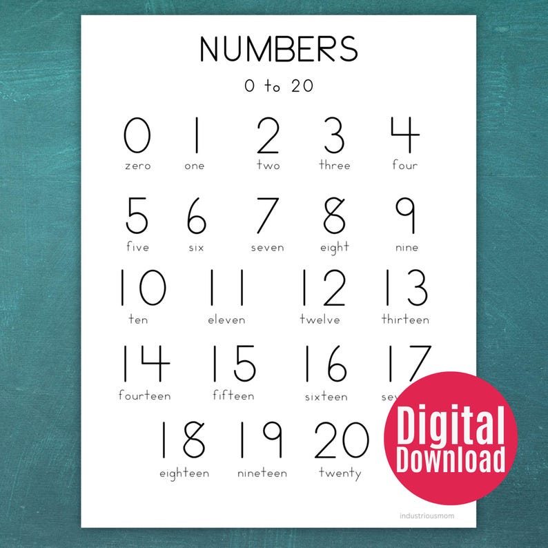 Printable poster featuring numbers 0 to 20 with words underneath for preschool learning.
