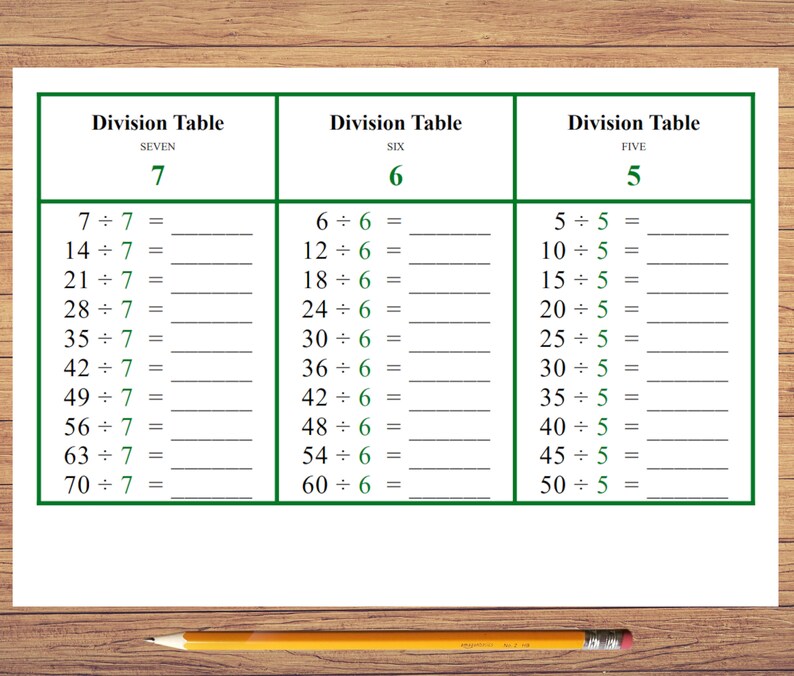 Division Tables Montessori Math Printable Worksheets Etsy