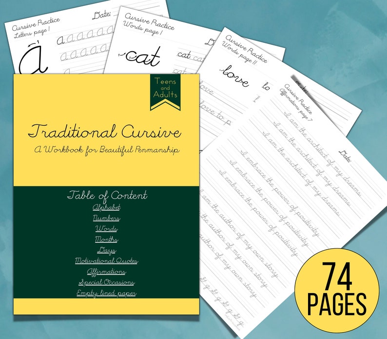 Cursive handwriting practice page for adults and teens