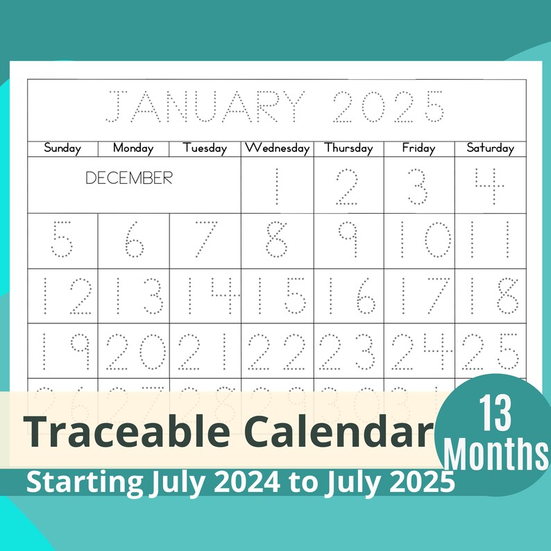 Educational Printable Kids Calendar for the School Year 20242025 With Traceable Numbers for