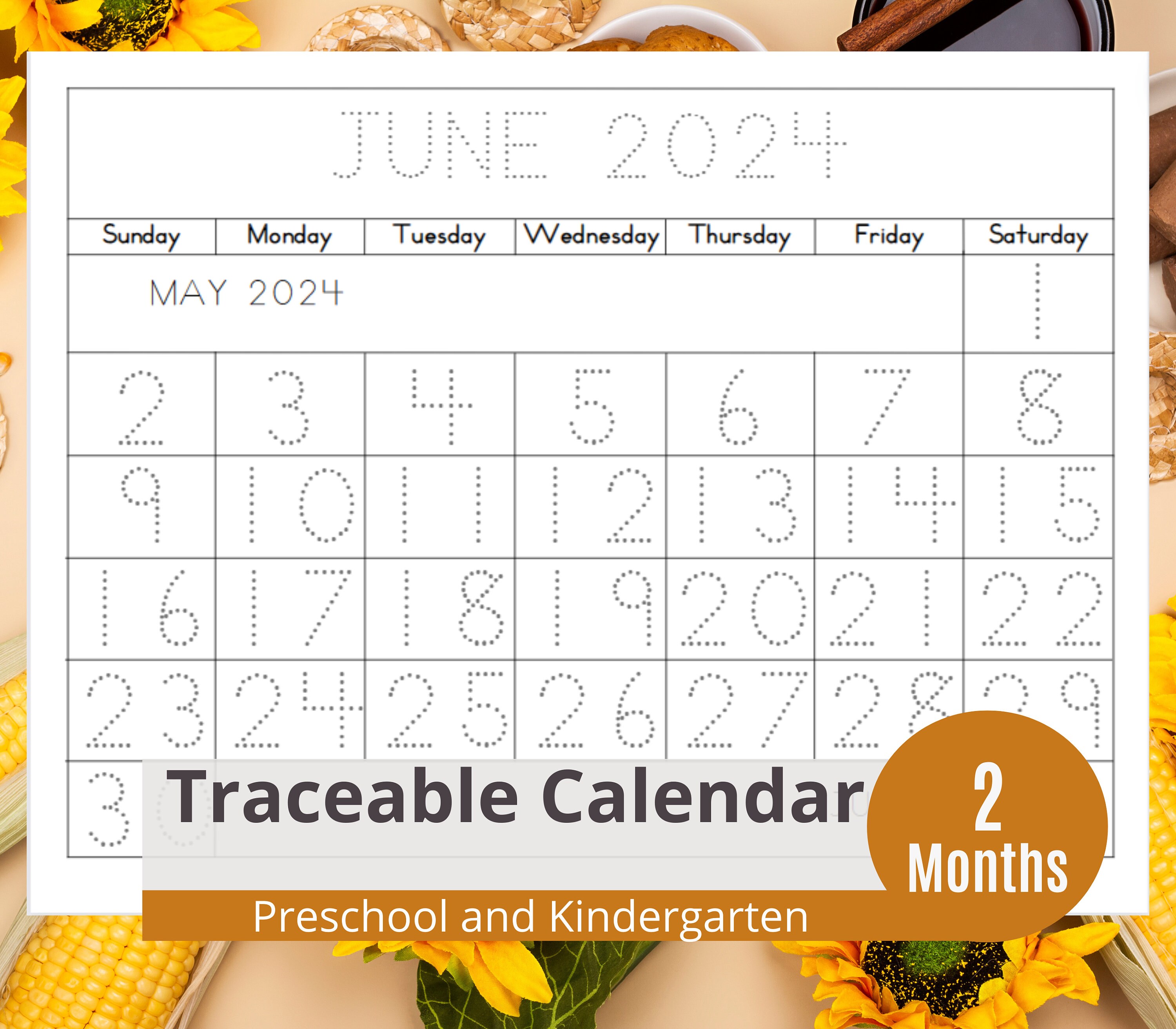 July 2024 and June 2024 Tracing Calendar for Kids Printable learning to ...