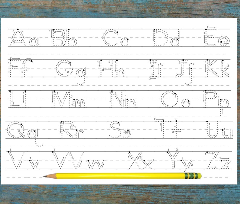 Alphabet with arrows for proper letter formation, aiding in letter writing practice.