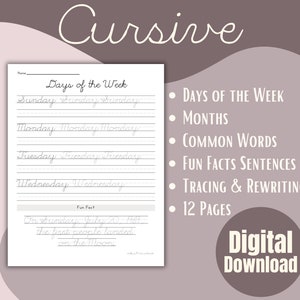 Puede incluir: Una hoja de trabajo imprimible para practicar la escritura cursiva. La hoja de trabajo presenta los días de la semana escritos en cursiva, junto con un dato curioso sobre las primeras personas que aterrizaron en la luna. La hoja de trabajo también incluye una lista de otros temas cubiertos en el libro de trabajo, como meses, palabras comunes, oraciones de datos curiosos, trazado y reescritura, y 12 páginas.