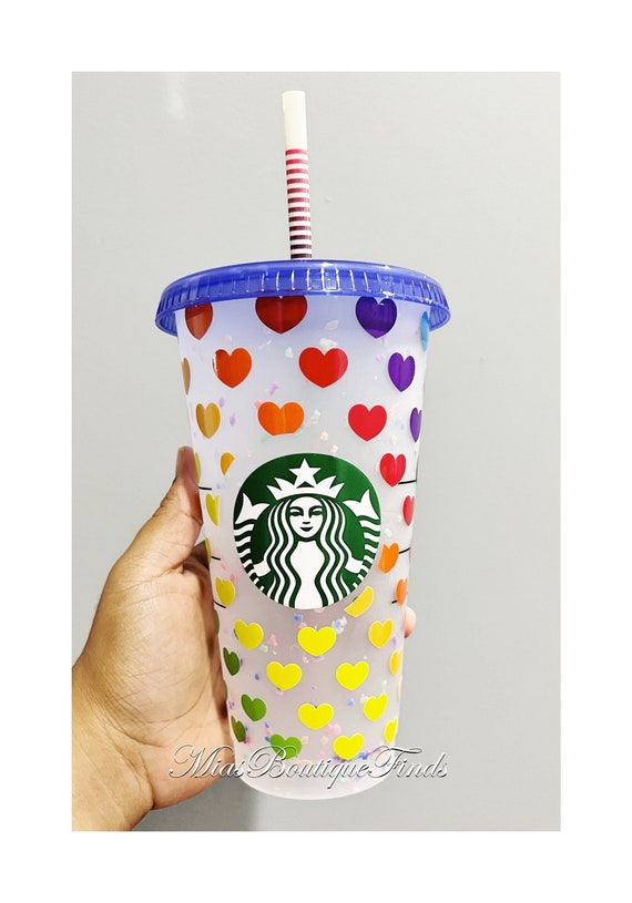 Drinkware Neutral Rainbow and Hearts Personalized Starbucks Tumbler