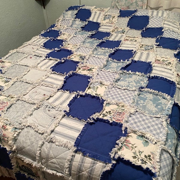 Blue Rose Denim - Queen Size Patchwork Rag Quilt with Pockets