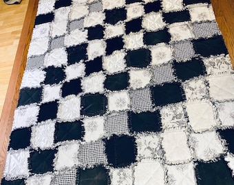 Black Denim & Satin - Patchwork Denim Rag Quilt Throw