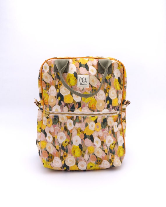 Handmade Organic Cotton Canvas Backpack: Floral Print  display picture 3