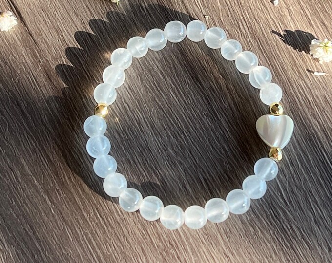 Summer Vibes Selenite Bracelet with Heart MOP Shell Bead