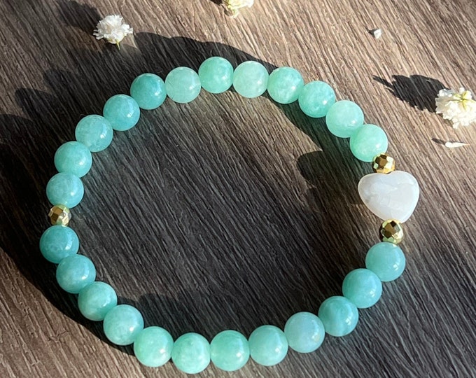 Summer Vibes Burmese Jade Beaded Bracelet with MOP Focal Heart Bead and Hematite Spacers