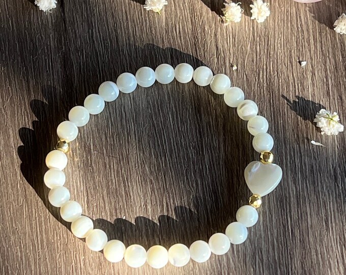 Summer Vibes 6mm Freshwater Mother of Peal Beaded Bracelet with MOP Heart Focal Bead and Gold Hematite Spacer Beads